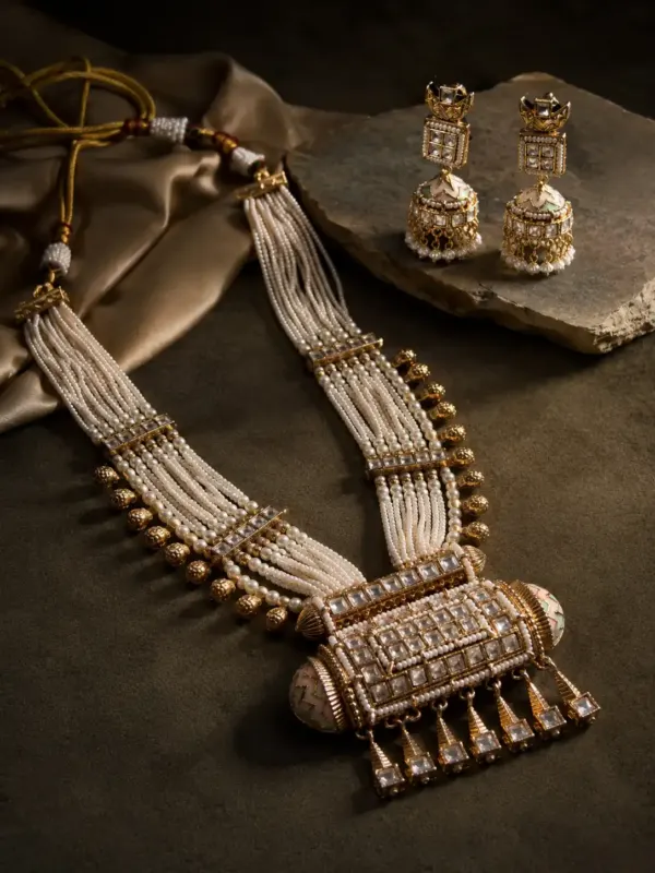 rani haar necklace set for wedding wear – Rajmahal Geometric Pearl-Style Necklace & Jhumka Set, additional product view 5