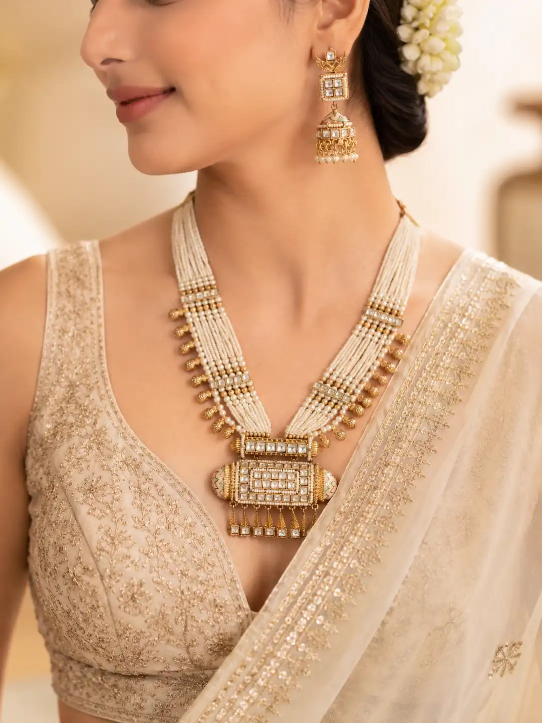 geometric pearl-style necklace and jhumka set for wedding and festive wear – Rajmahal Geometric Pearl-Style Necklace & Jhumka Set, additional…