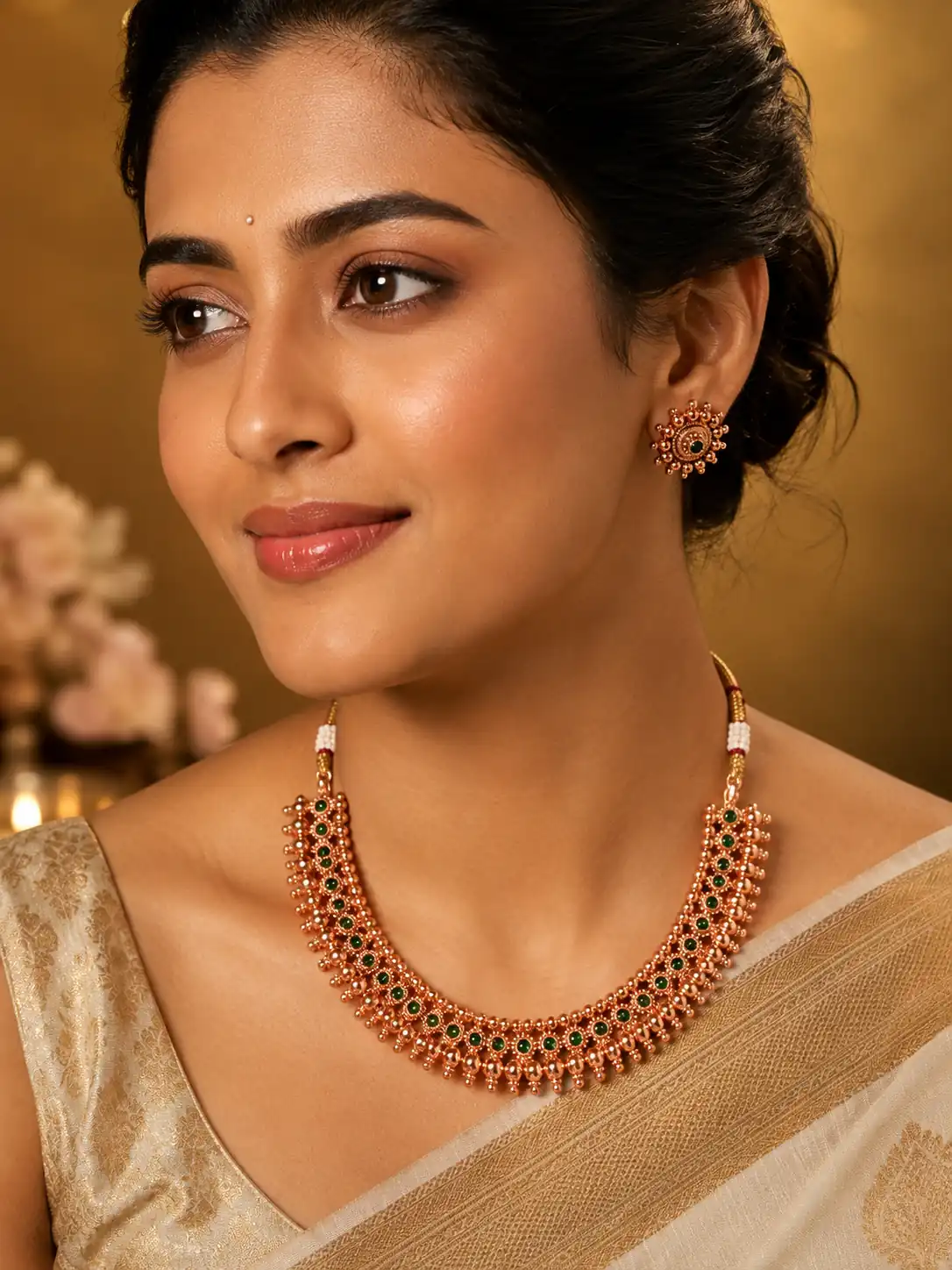 green accent necklace stud set for wedding and festive wear – Kanakvalli Green Accent Necklace & Stud Set, additional product view 3