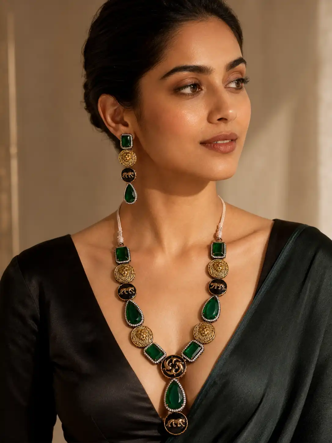 green and black wildlife-motif necklace set for wedding and festive wear – Vanraj Green & Black Wildlife-Motif Necklace Set, additional product view 3