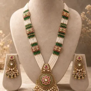 green and ivory beaded rani haar set – Rajvanshi Green & Ivory Beaded Rani Haar Set