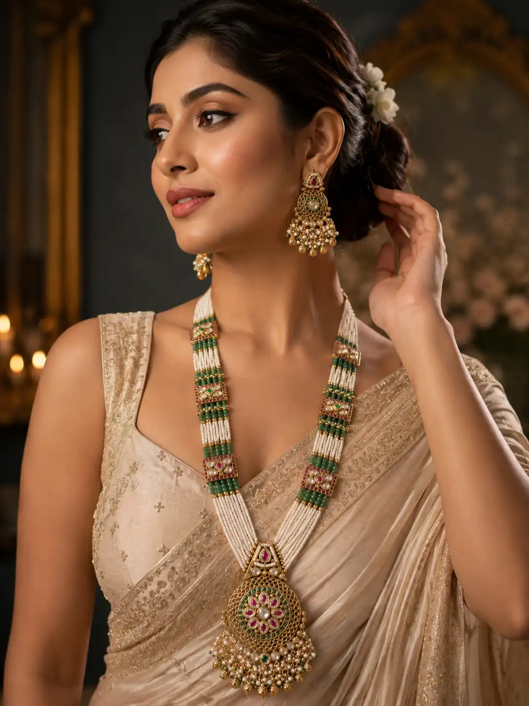 premium artificial necklace set for wedding wear – Rajvanshi Green & Ivory Beaded Rani Haar Set, additional product view 7