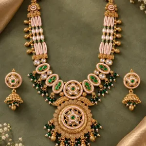 green and ivory floral pendant necklace set – Padmaratna Green & Ivory Floral Pendant Necklace Set