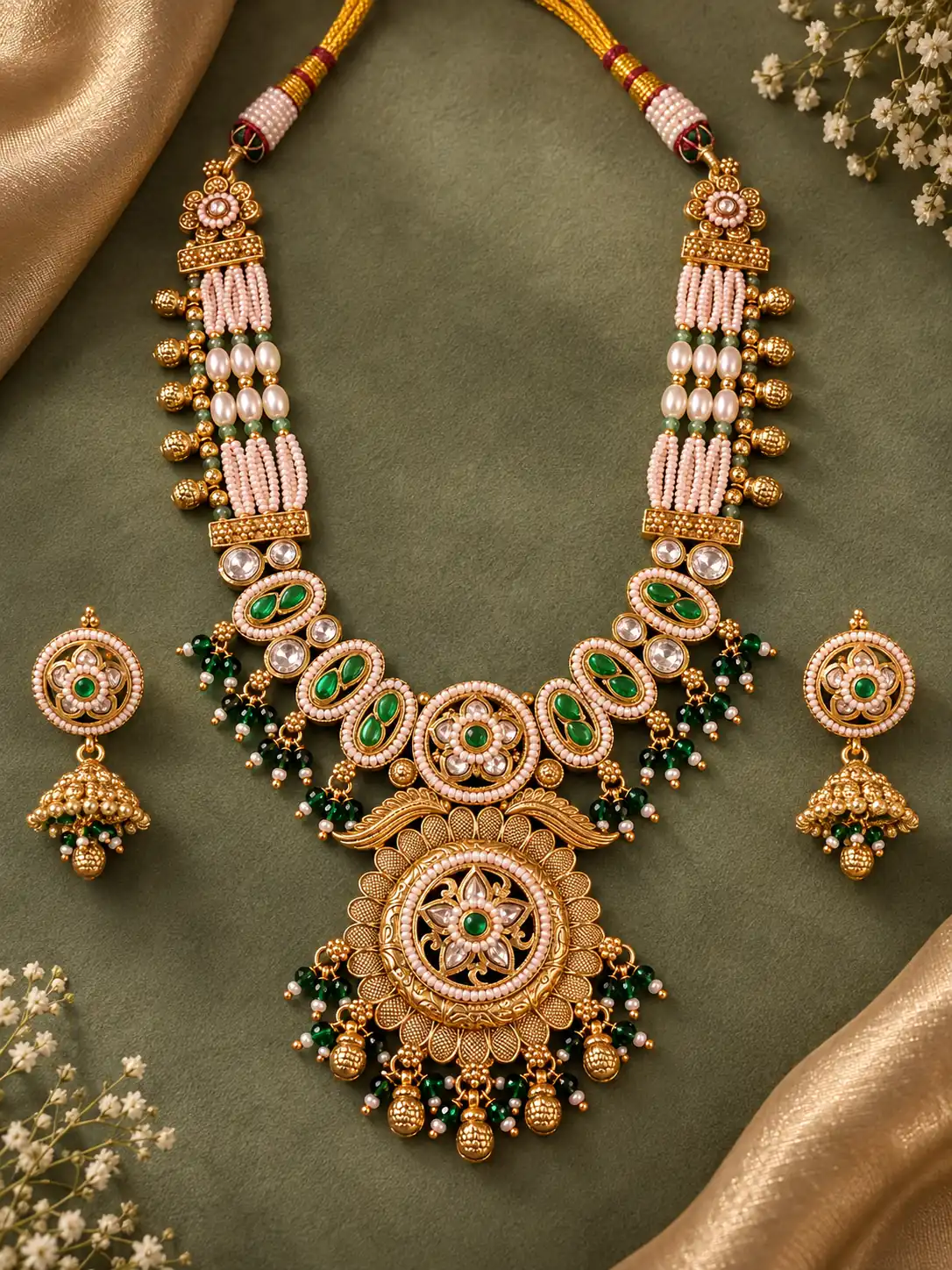 padmaratna-green-ivory-floral-pendant-necklace-set