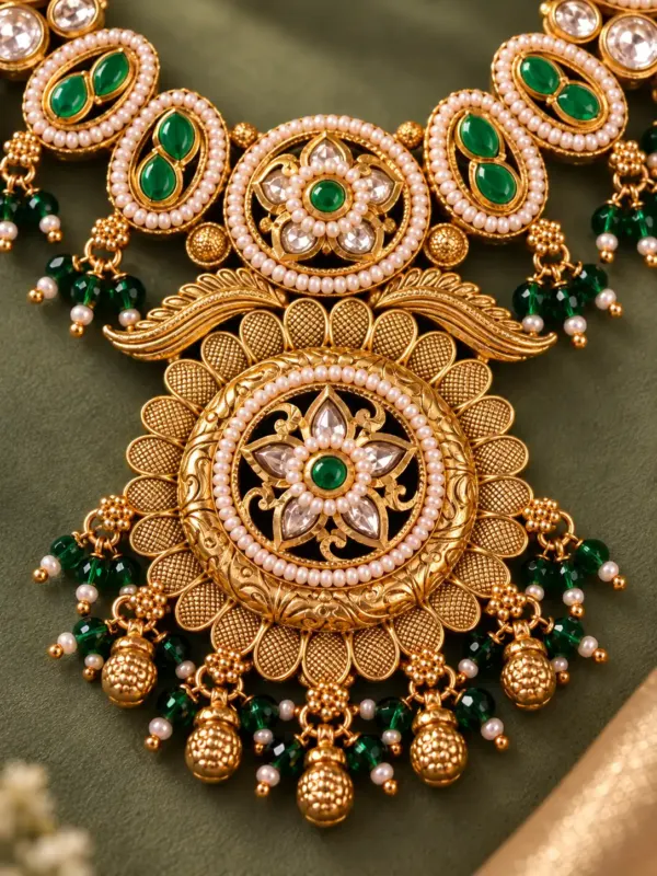 antique kundan necklace set for women – Padmaratna Green & Ivory Floral Pendant Necklace Set, additional product view 2