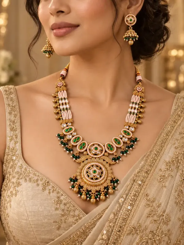 green and ivory floral pendant necklace set for wedding and festive wear – Padmaratna Green & Ivory Floral Pendant Necklace Set, additional product…