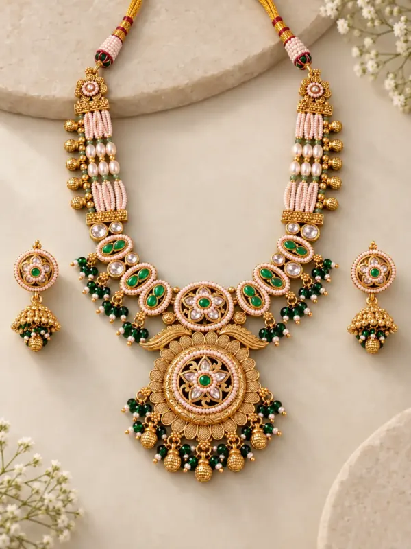 premium artificial necklace set for wedding wear – Padmaratna Green & Ivory Floral Pendant Necklace Set, additional product view 4