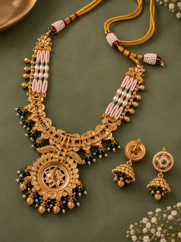 antique kundan necklace set for women – Padmaratna Green & Ivory Floral Pendant Necklace Set, additional product view 5