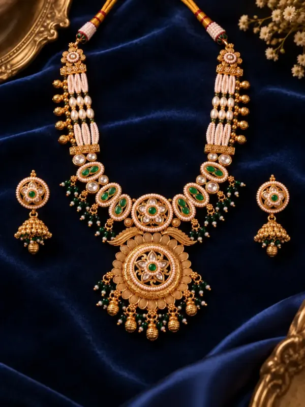 green and ivory floral pendant necklace set for wedding and festive wear – Padmaratna Green & Ivory Floral Pendant Necklace Set, additional product…