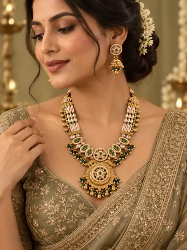 premium artificial necklace set for wedding wear – Padmaratna Green & Ivory Floral Pendant Necklace Set, additional product view 7
