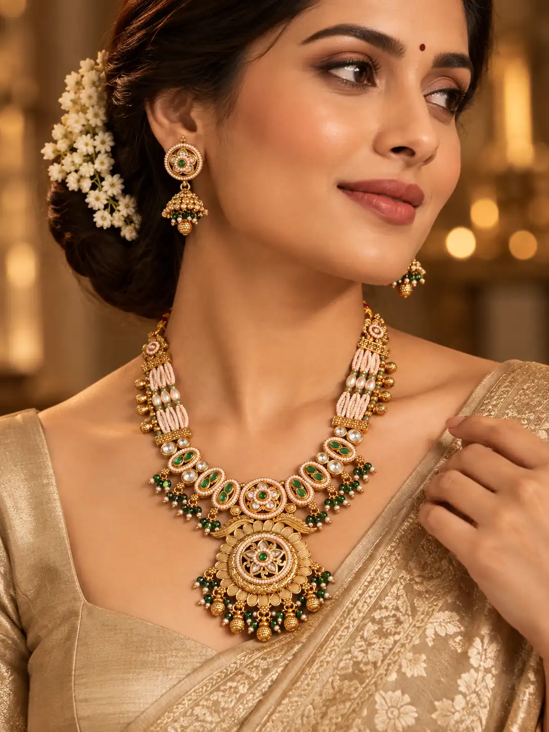 antique kundan necklace set for women – Padmaratna Green & Ivory Floral Pendant Necklace Set, additional product view 8