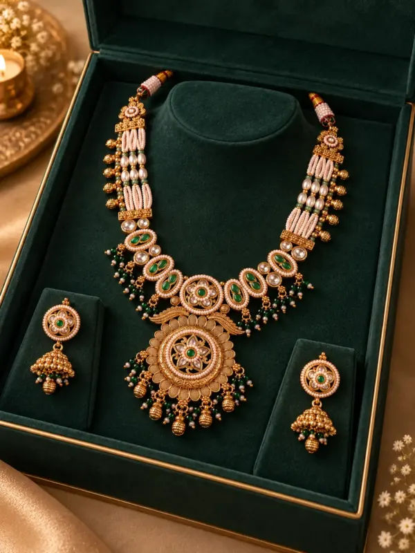 green and ivory floral pendant necklace set for wedding and festive wear – Padmaratna Green & Ivory Floral Pendant Necklace Set, additional product…