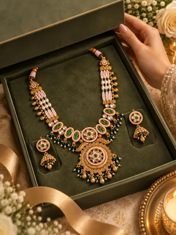 premium artificial necklace set for wedding wear – Padmaratna Green & Ivory Floral Pendant Necklace Set, additional product view 10