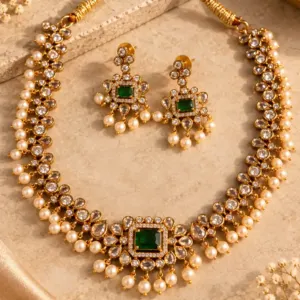 green-centre and pearl-style drop necklace set – Rajneer Green-Centre & Pearl-Style Drop Necklace Set