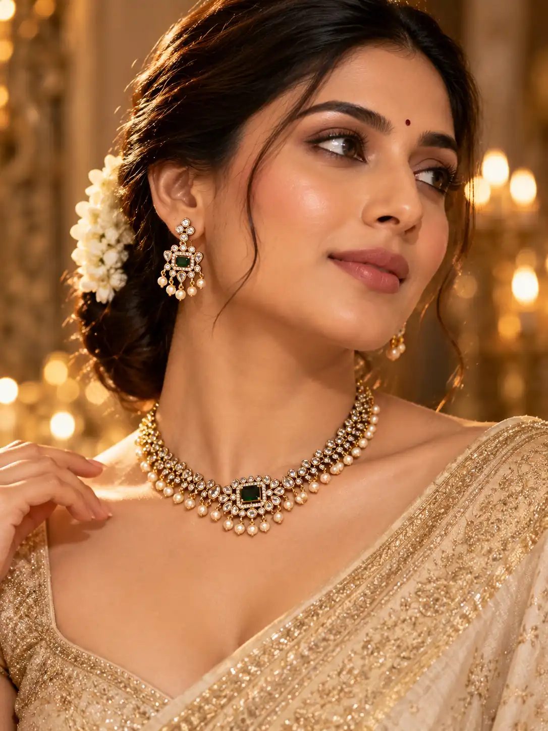 antique kundan necklace set for women – Rajneer Green-Centre & Pearl-Style Drop Necklace Set, additional product view 8