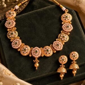 green-centre floral necklace and jhumka set – Rajpushpa Green-Centre Floral Necklace & Jhumka Set