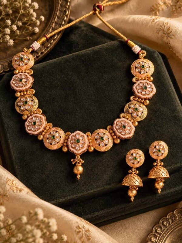 green-centre floral necklace and jhumka set – Rajpushpa Green-Centre Floral Necklace & Jhumka Set