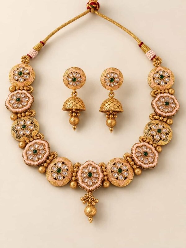 antique kundan necklace set for women – Rajpushpa Green-Centre Floral Necklace & Jhumka Set, additional product view 2