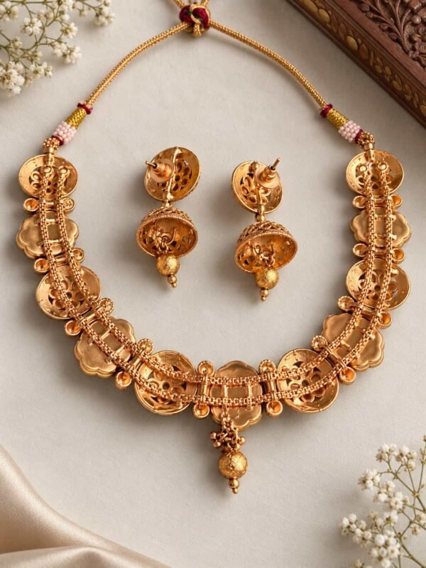 green-centre floral necklace and jhumka set for wedding and festive wear – Rajpushpa Green-Centre Floral Necklace & Jhumka Set, additional product…