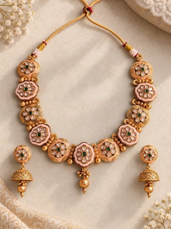 premium artificial necklace set for wedding wear – Rajpushpa Green-Centre Floral Necklace & Jhumka Set, additional product view 4