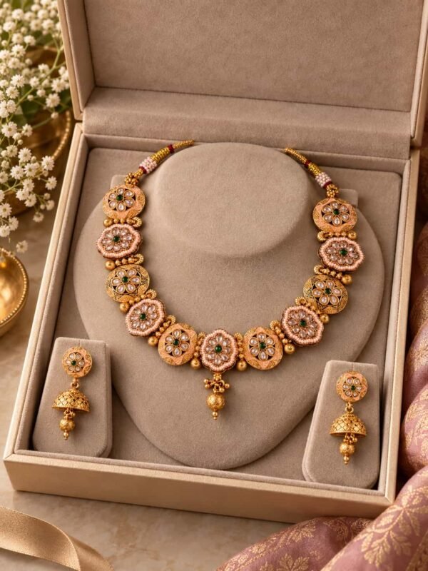 antique kundan necklace set for women – Rajpushpa Green-Centre Floral Necklace & Jhumka Set, additional product view 5