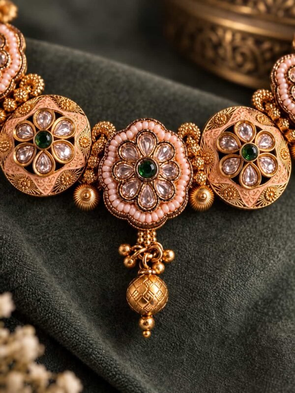 green-centre floral necklace and jhumka set for wedding and festive wear – Rajpushpa Green-Centre Floral Necklace & Jhumka Set, additional product…
