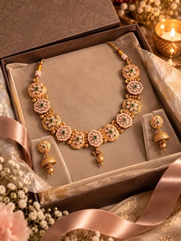 premium artificial necklace set for wedding wear – Rajpushpa Green-Centre Floral Necklace & Jhumka Set, additional product view 7