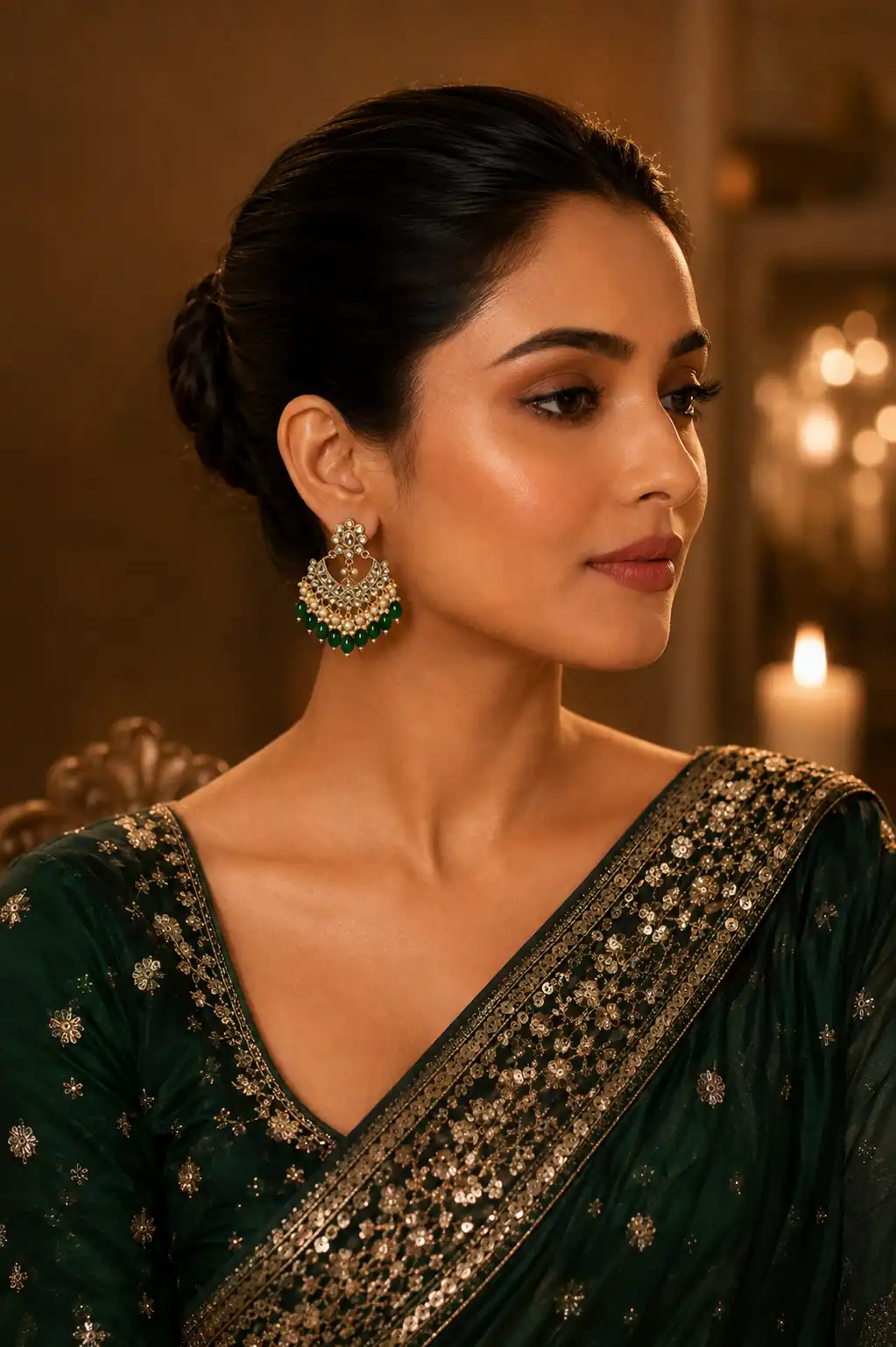 kundan style chandbali earrings for women – Zamrud Chandni Green Drop Chandbali Earrings, additional product view 8