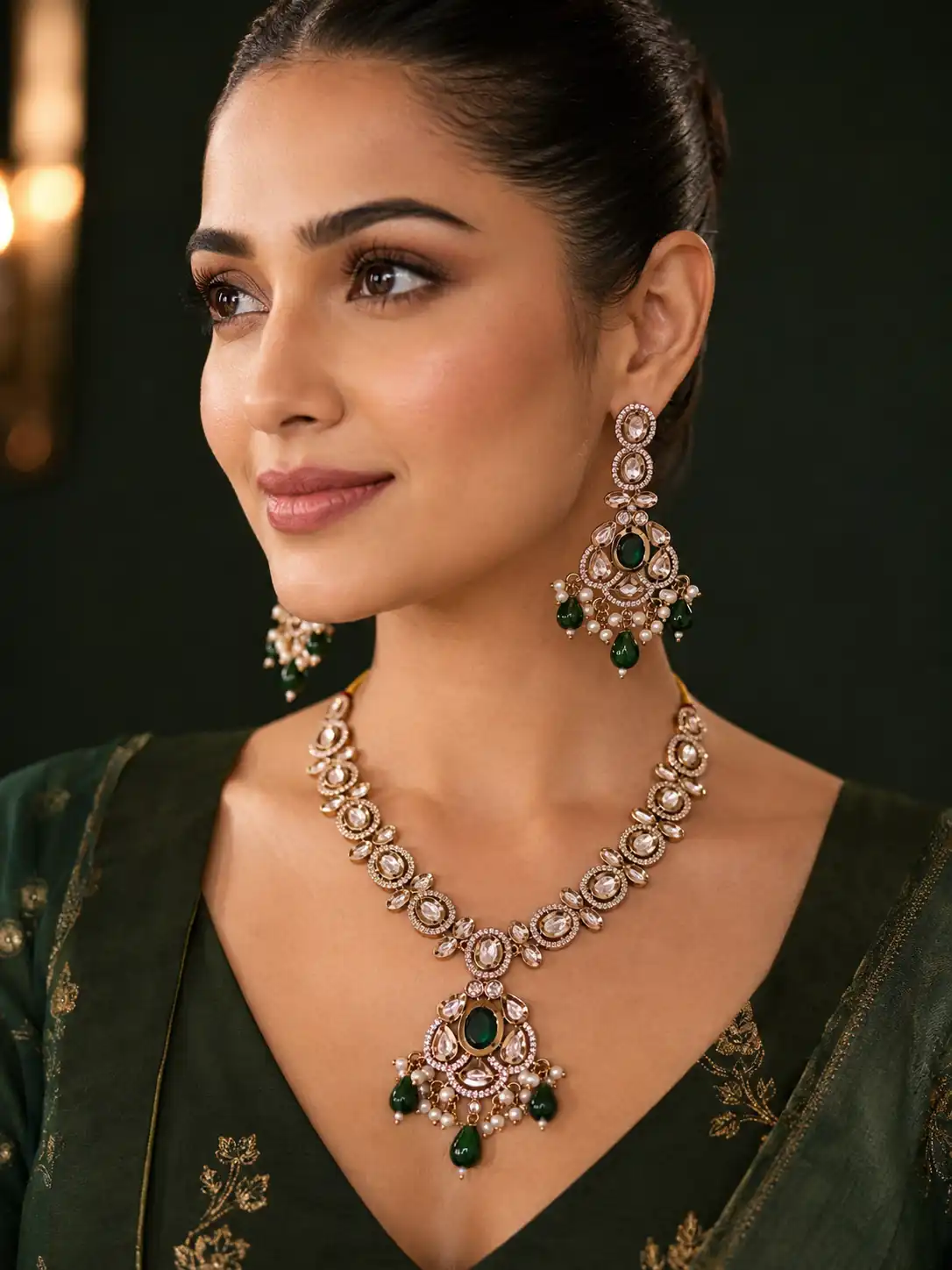 antique kundan necklace set for women – Noorhara Green Drop Kundan-Style Necklace Set, additional product view 2