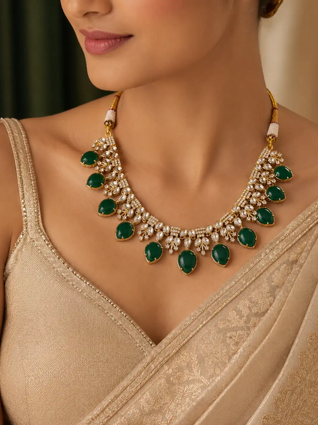 premium artificial necklace set for wedding wear – Zareen Green Drop Polki-Style Necklace Set, additional product view 7