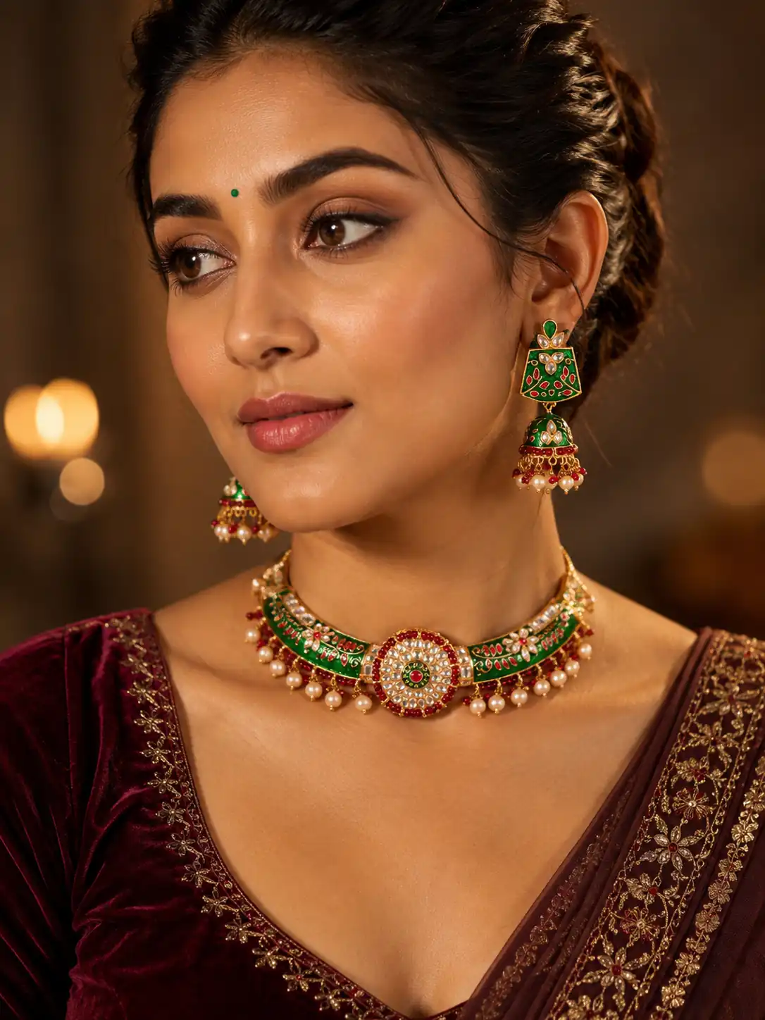 green floral collar and jhumka set for wedding and festive wear – Rajsi Green Floral Collar & Jhumka Set, additional product view 3