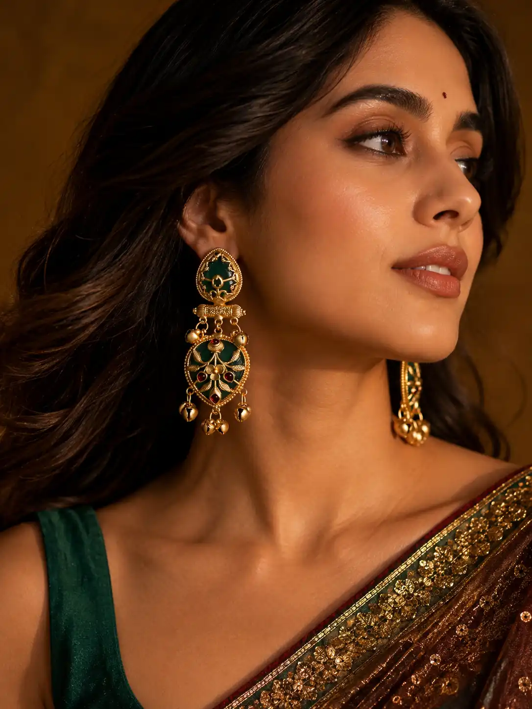 green floral drop earrings for wedding and festive wear – Zareen Shalimar Green Floral Drop Earrings, additional product view 6