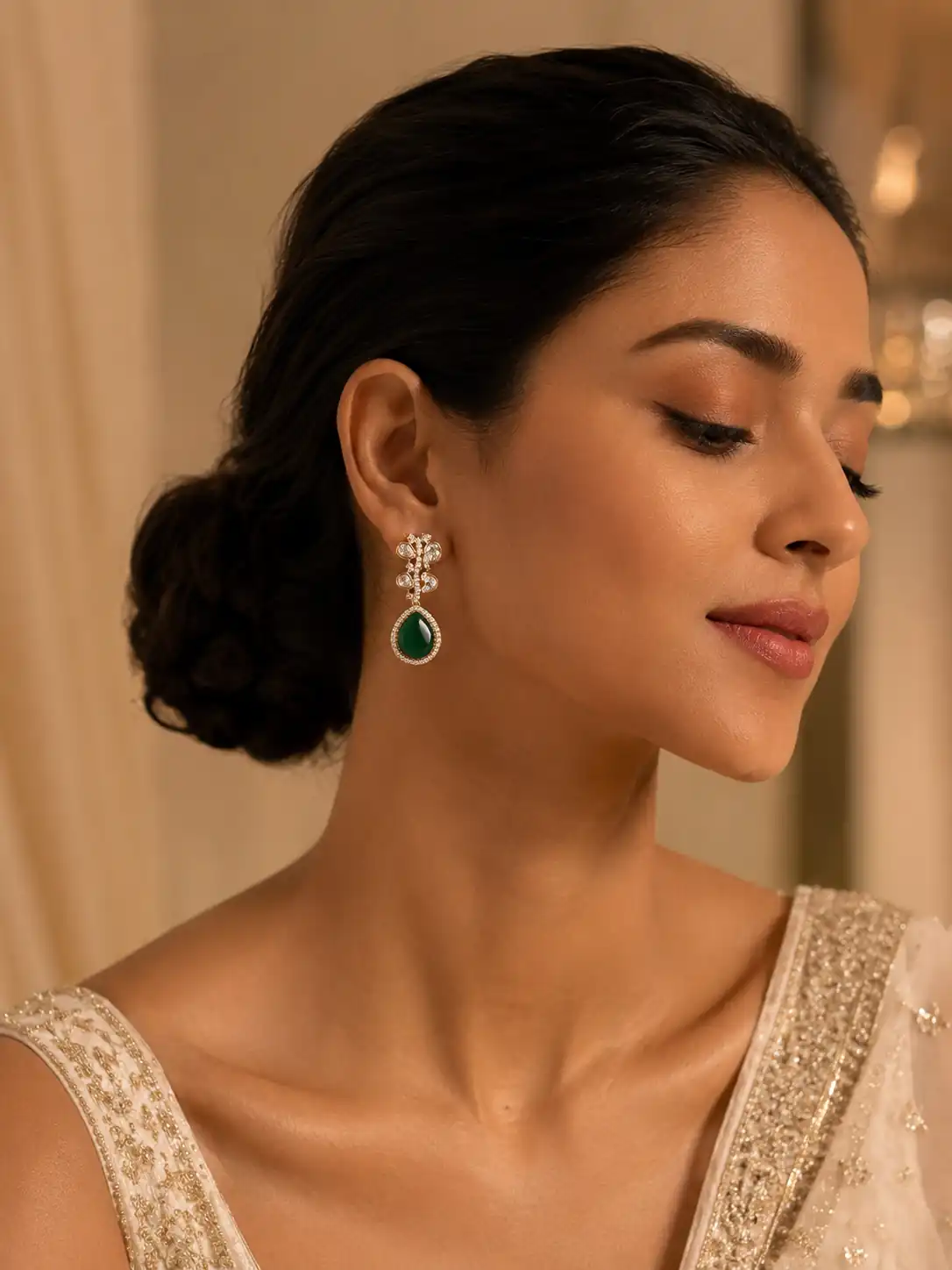 premium artificial earrings for wedding wear – Meher Zamrud Green Floral Drop Earrings, additional product view 7