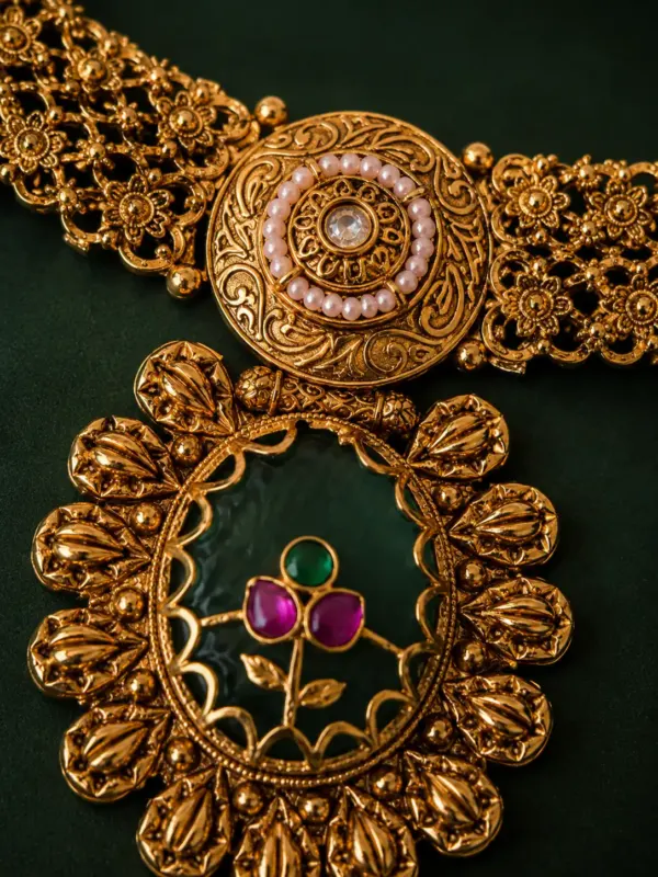 antique kundan necklace set for women – Rajpushpa Green Floral Medallion Necklace Set, additional product view 2