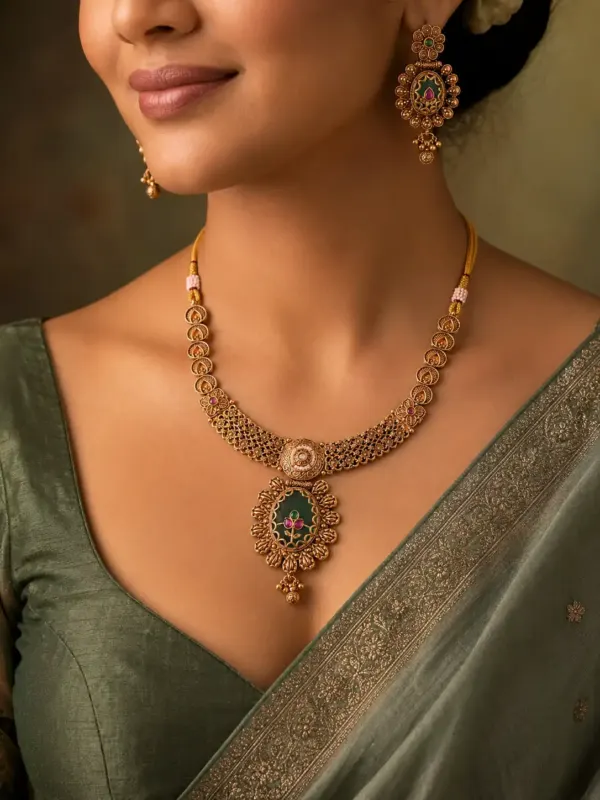 green floral medallion necklace set for wedding and festive wear – Rajpushpa Green Floral Medallion Necklace Set, additional product view 3
