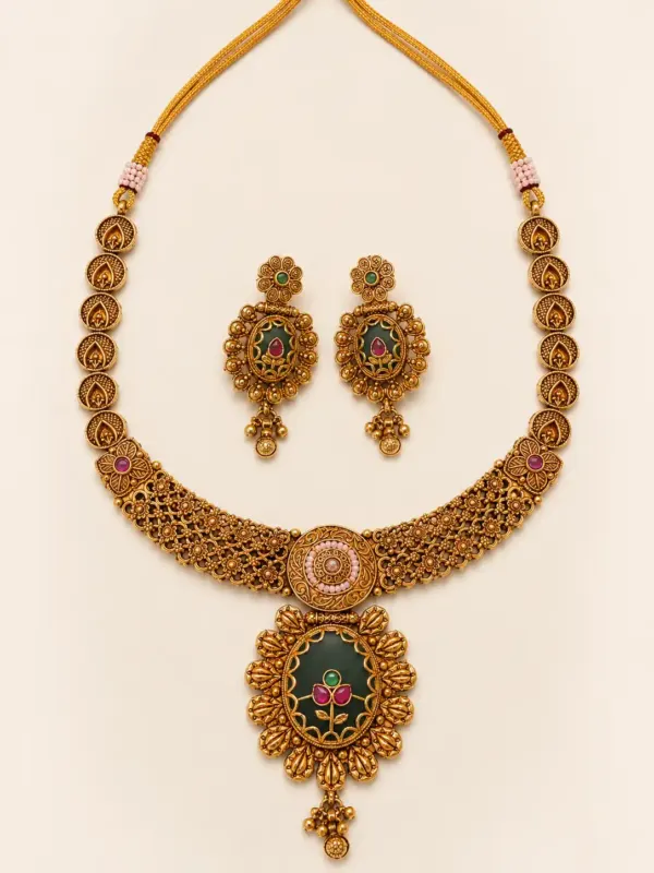 premium artificial necklace set for wedding wear – Rajpushpa Green Floral Medallion Necklace Set, additional product view 4