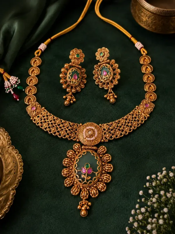 green floral medallion necklace set for wedding and festive wear – Rajpushpa Green Floral Medallion Necklace Set, additional product view 6