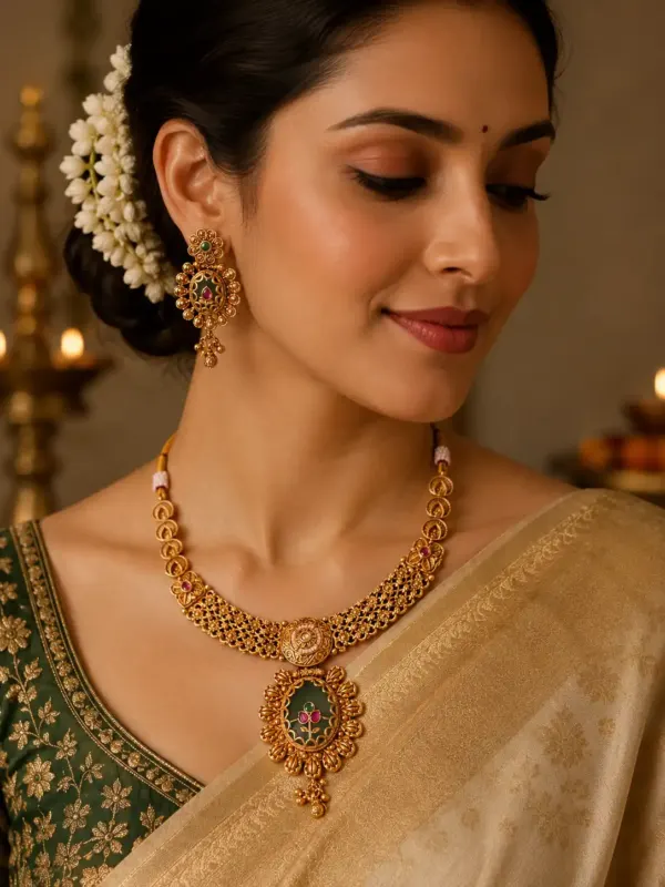 premium artificial necklace set for wedding wear – Rajpushpa Green Floral Medallion Necklace Set, additional product view 7