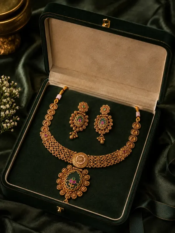 antique kundan necklace set for women – Rajpushpa Green Floral Medallion Necklace Set, additional product view 8