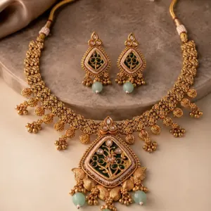 green floral pendant necklace set – Vanrani Green Floral Pendant Necklace Set