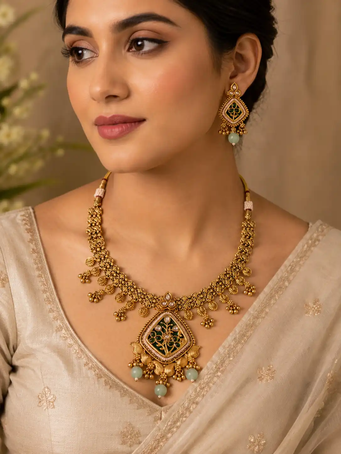 green floral pendant necklace set for wedding and festive wear – Vanrani Green Floral Pendant Necklace Set, additional product view 3