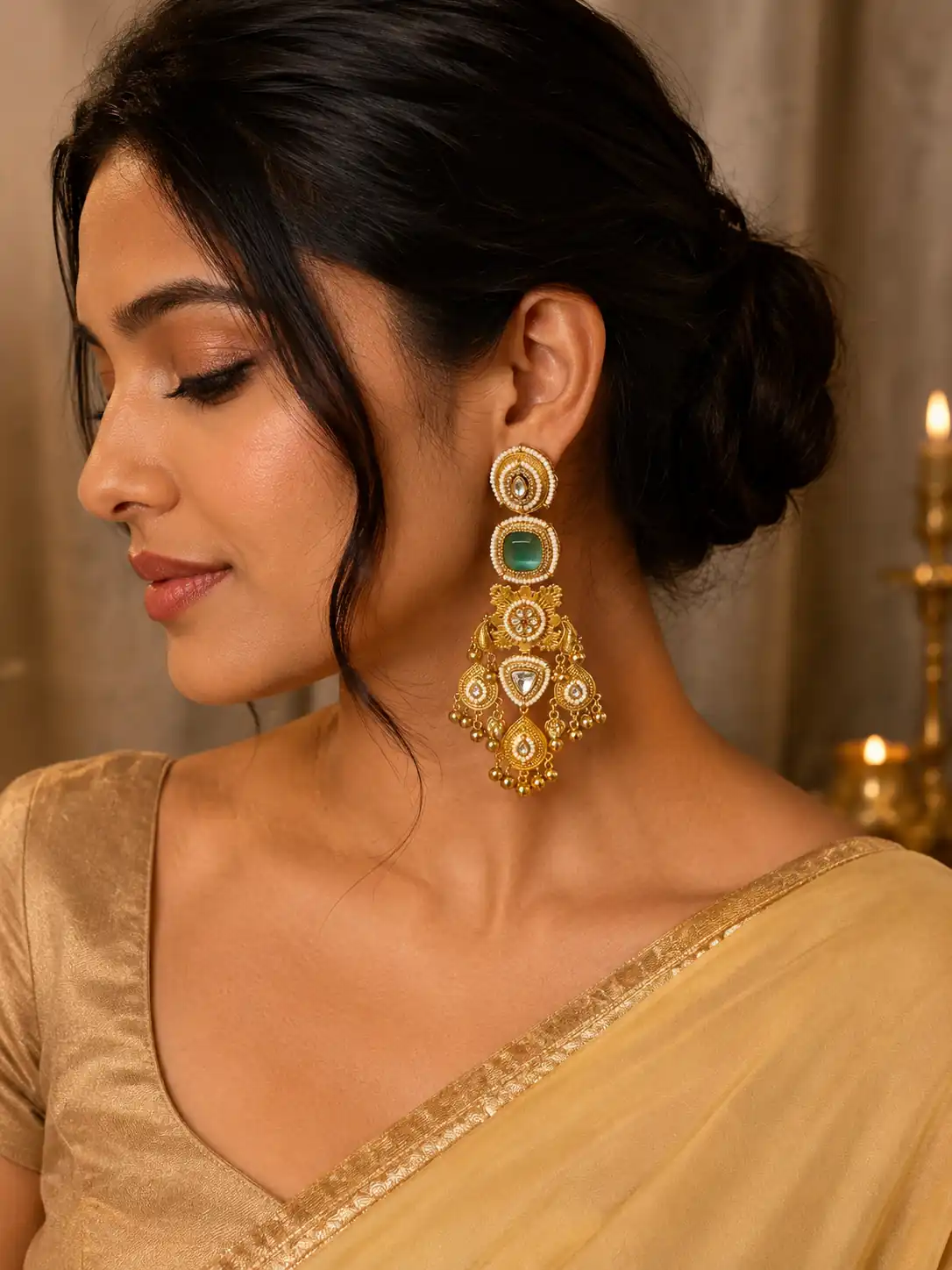 green heritage statement earrings for wedding and festive wear – Shalimar Virasat Green Heritage Statement Earrings, additional product view 6