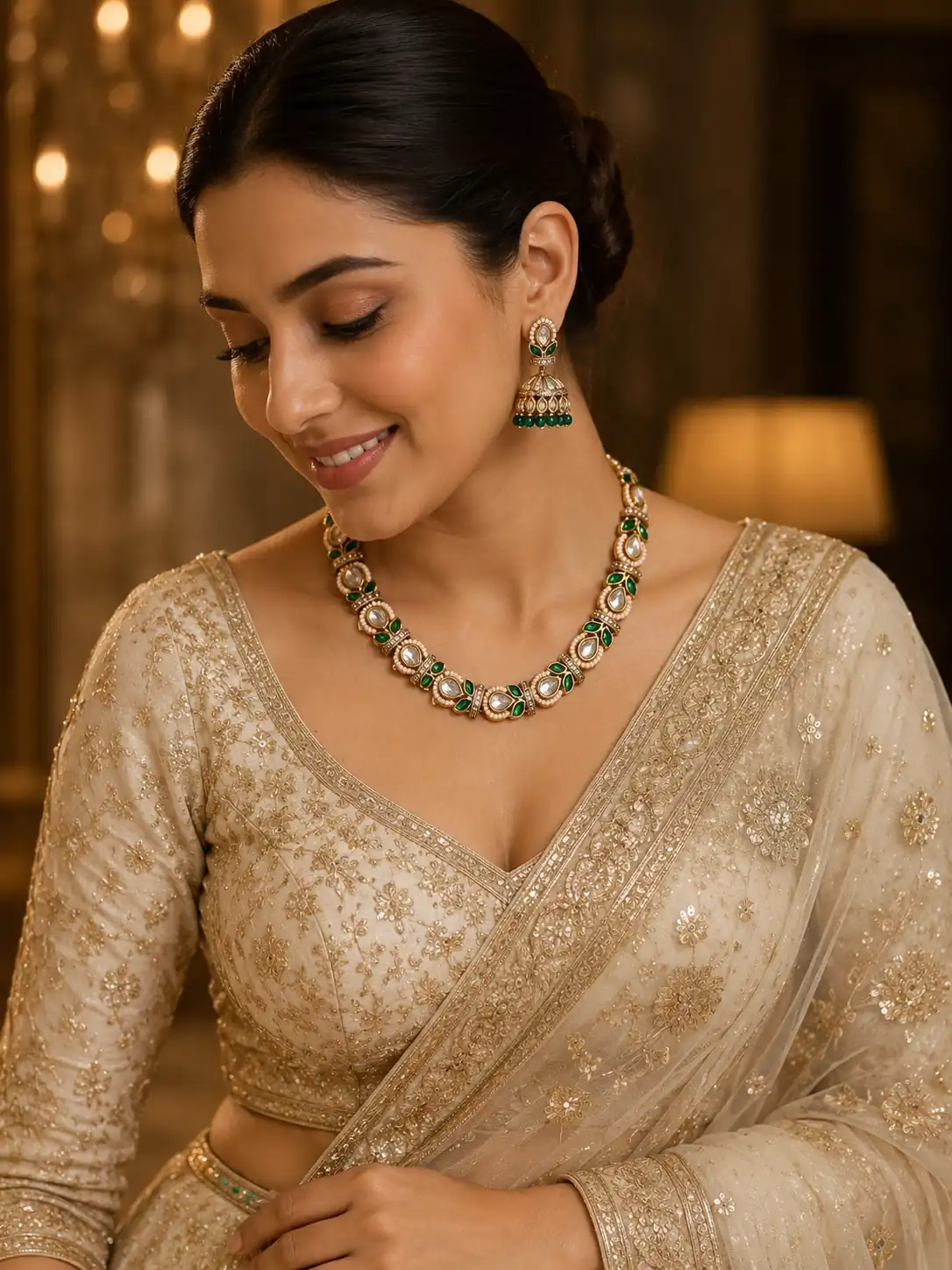 premium artificial necklace set for wedding wear – Meher Green Leaf Necklace & Jhumka Set, additional product view 7