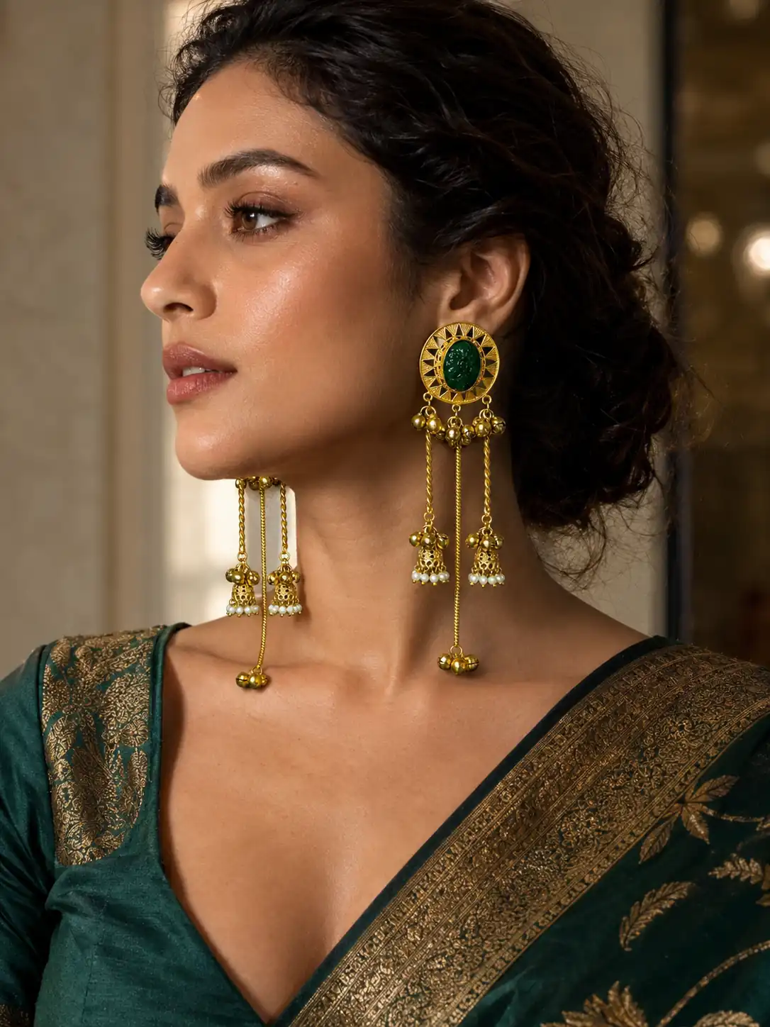 premium artificial earrings for wedding wear – Zamrud Noor Shalimar Green Long Drop Earrings, additional product view 4