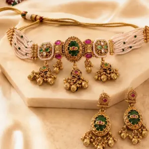 green medallion beaded choker set – Rangshree Green Medallion Beaded Choker Set