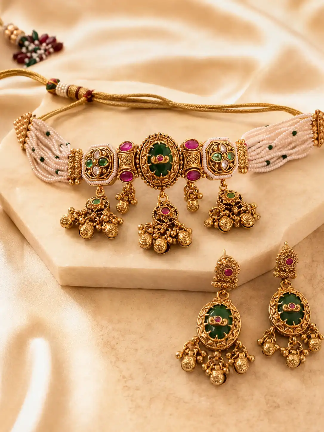 rangshree-green-medallion-beaded-choker-set