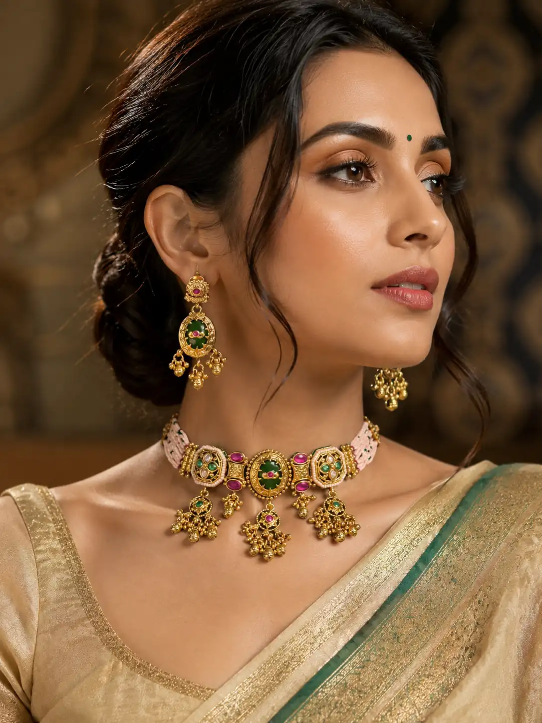 statement choker necklace set for women – Rangshree Green Medallion Beaded Choker Set, additional product view 8