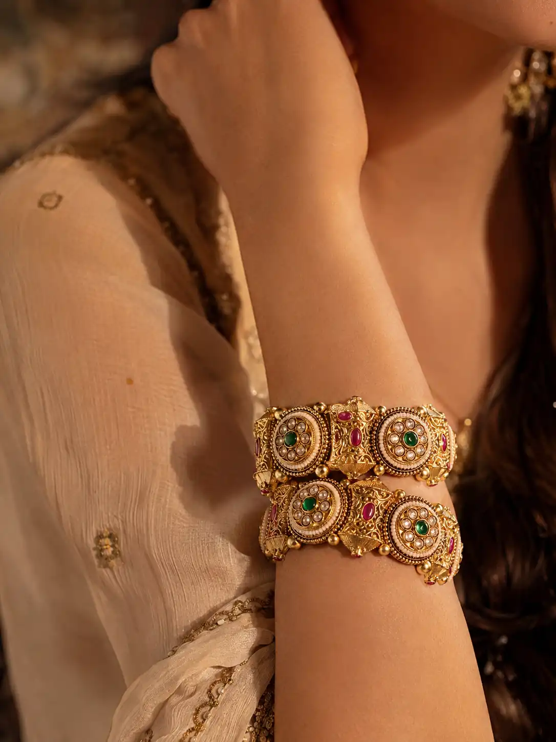 green medallion kada pair for wedding and festive wear – Rajwada Gulbagh Green Medallion Kada Pair, additional product view 6