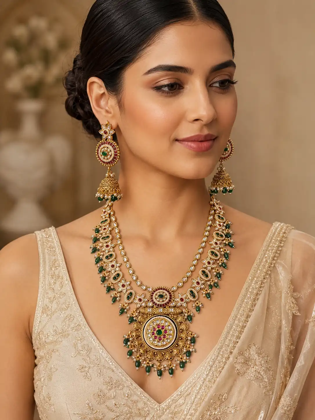 green medallion rani haar set for wedding and festive wear – Rajeshwari Green Medallion Rani Haar Set, additional product view 3