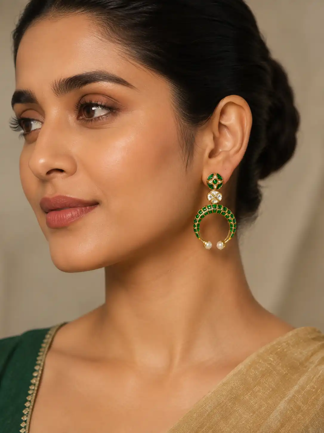 green open crescent earrings for wedding and festive wear – Zamrud Chand Green Open Crescent Earrings, additional product view 3